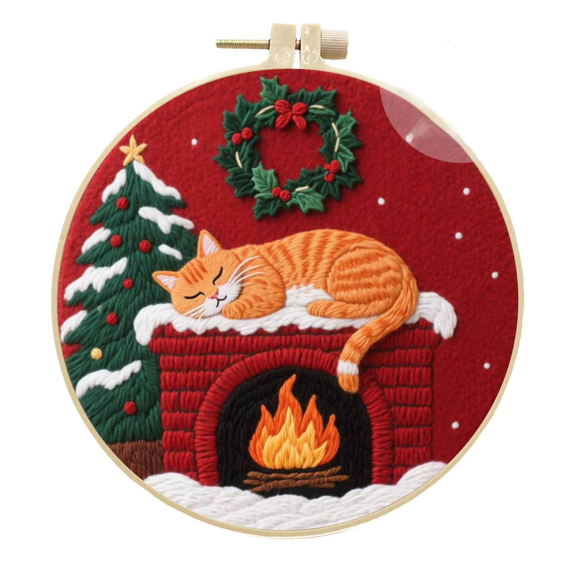 Cat embroidery DIY kit with cotton linen fabric, autumn fruit patterns, and bamboo embroidery frame