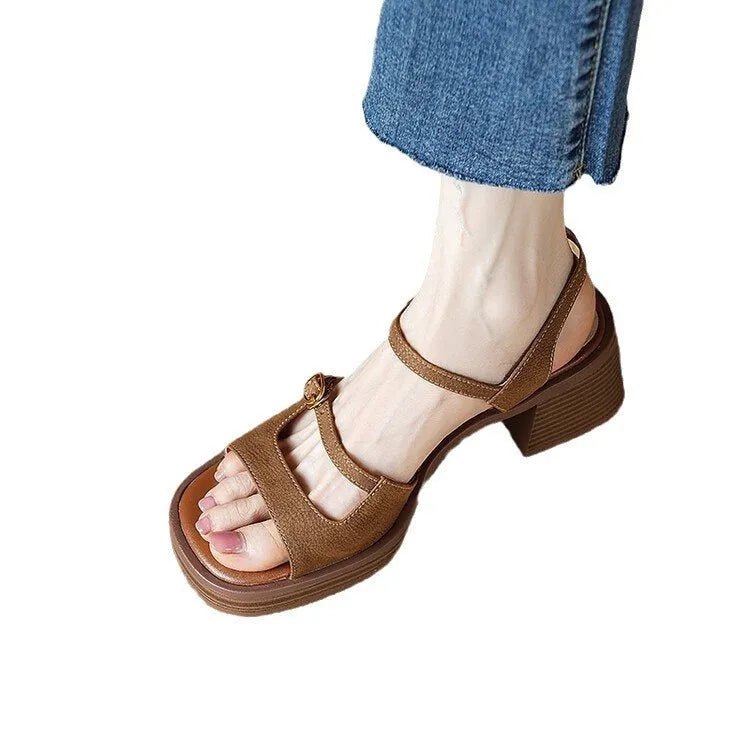 Women's open toe square toe retro platform sandals in milky white colour with rubber sole
