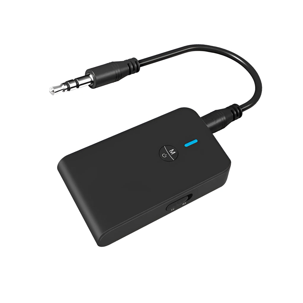 Black Bluetooth 5.0 audio adapter with 3.5mm AUX plug and external power cable