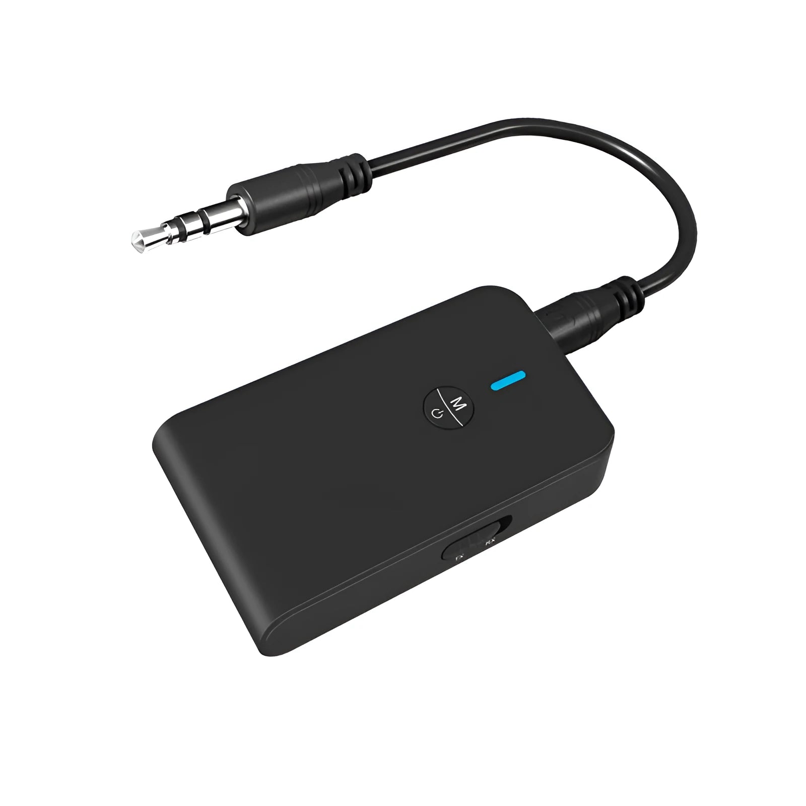 Black Bluetooth 5.0 audio adapter with 3.5mm AUX plug and external power cable