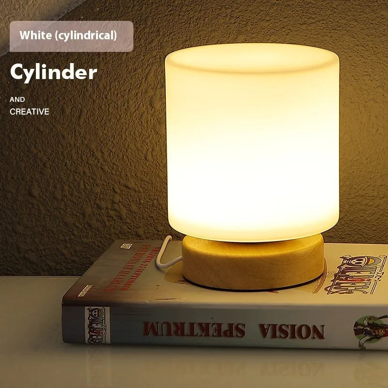 Nordic-style solid wood USB table lamp in geometric shape with touch dimming control