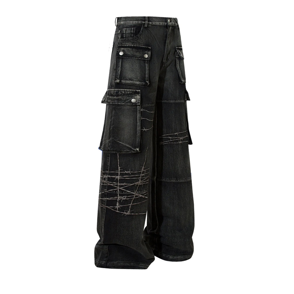 Men's black cotton loose-fitting wide-leg trousers with embroidery, front view, size M-XXL