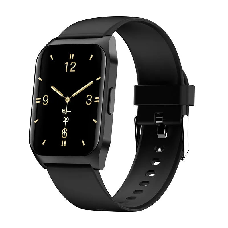 Black smart watch with 1.69-inch touchscreen display and silicone wristband