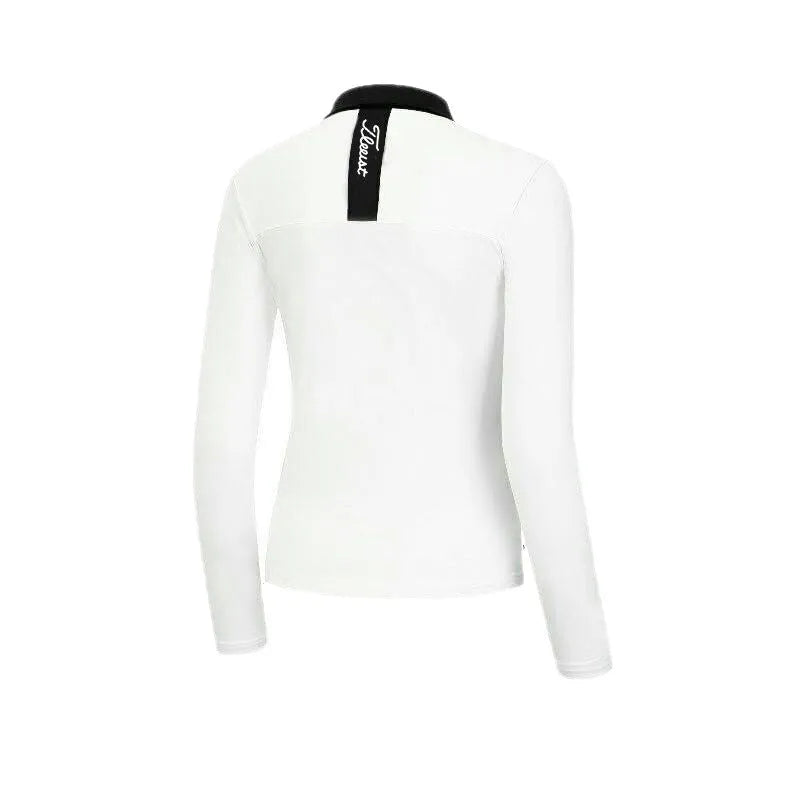 Women's long sleeve golf top in white polyester fabric for sun protection during outdoor activities