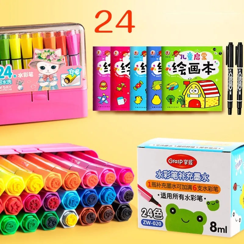 Safe non-toxic washable painting brush set with hexagonal rod shape in blue, pink, yellow, boxed