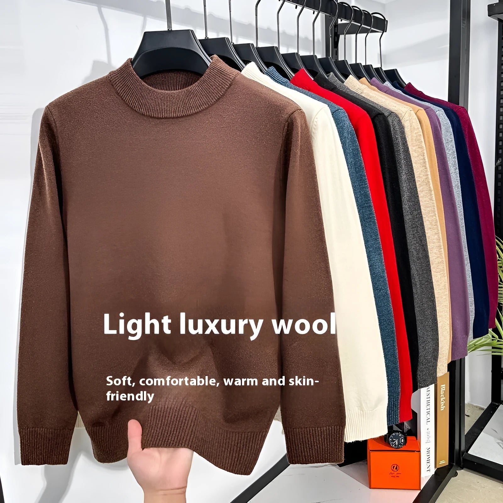 Men's solid colour half turtleneck long sleeve knitwear sweater in fine wool yarn.