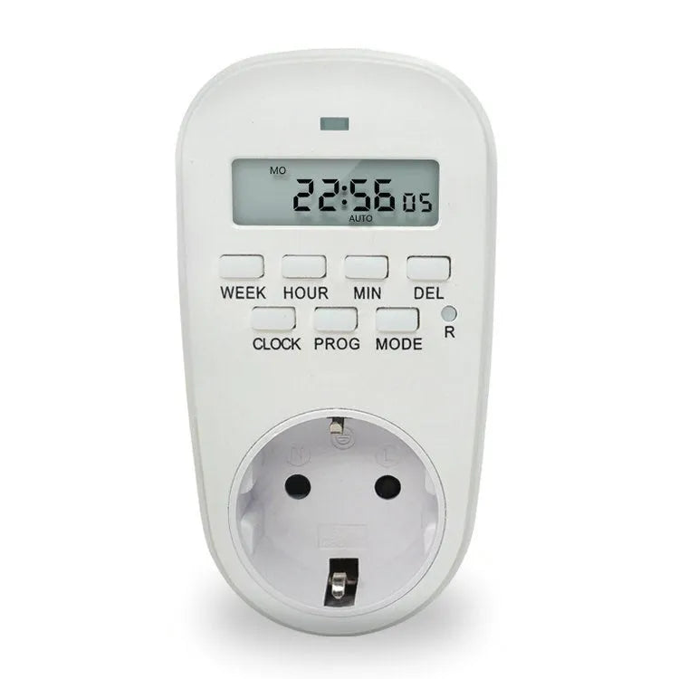 White digital timer timing programming socket with 7-day 20-group schedule, EU/UK/US plug options