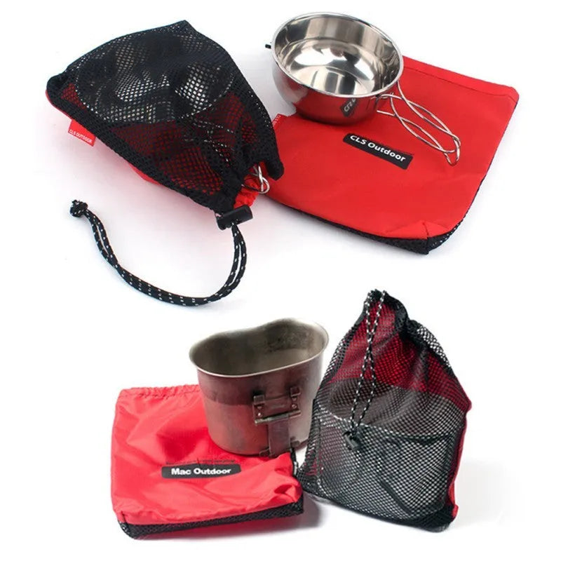 Five red outdoor storage bags with mesh panels and zipper closures for travel organisation