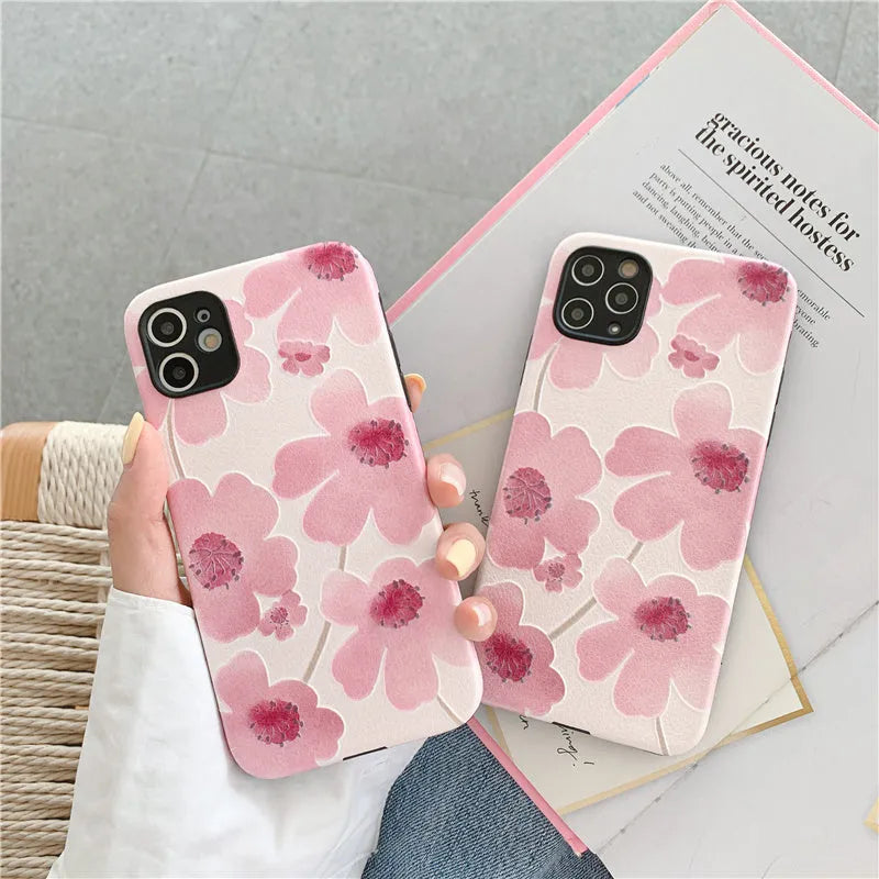 Pink flower phone case soft rubber protective shell with lanyard hole for Apple iPhone 11