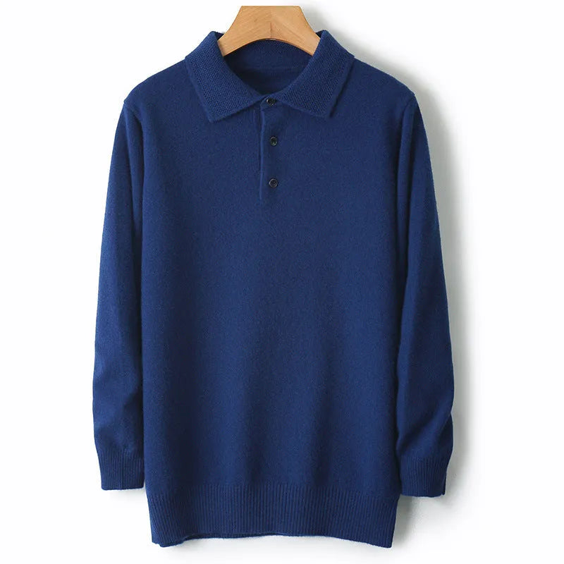 Men's grey woolen pullover sweater with a polo collar, shown on a model.