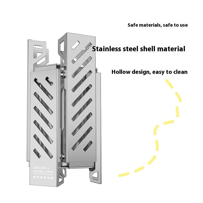 Hexagon foldable alcohol camping stove in black or silver with 9.5x8.5x15cm dimensions