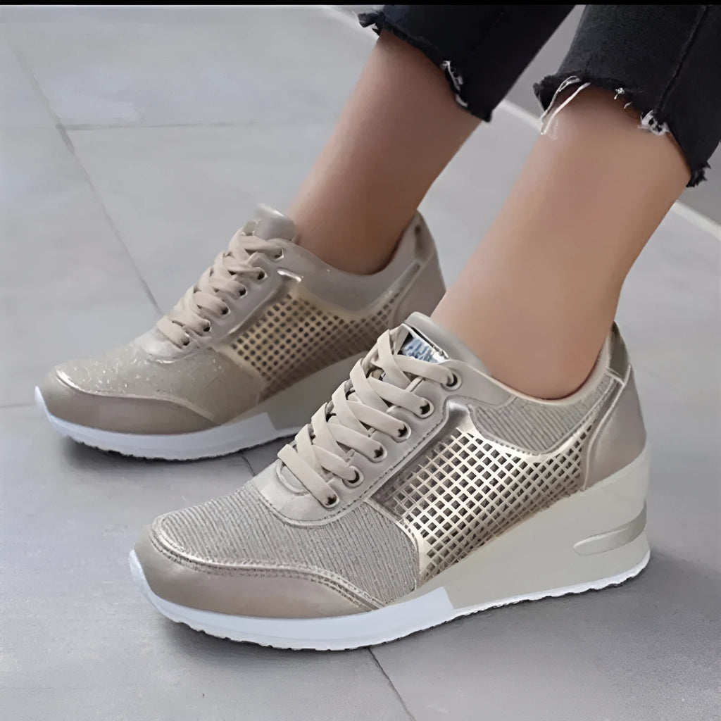 Women's lace-up sneakers with wedge heel and waterproof platform in black, gold, leopard print, and silver