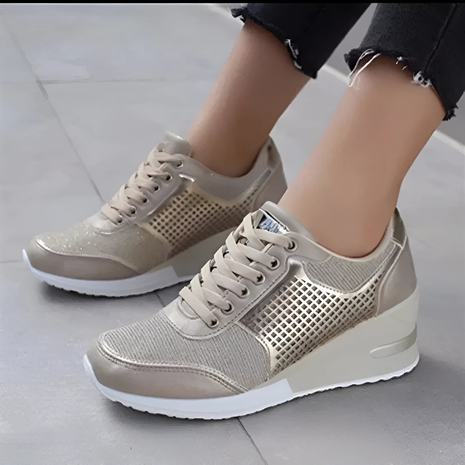 Women's lace-up sneakers with wedge heel and waterproof platform in black, gold, leopard print, and silver