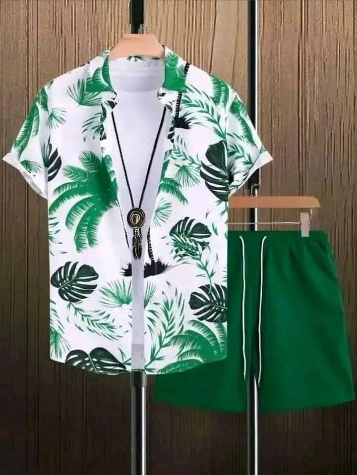 Men's beach style short sleeve shirt and shorts suit in polyester, available in multiple colours