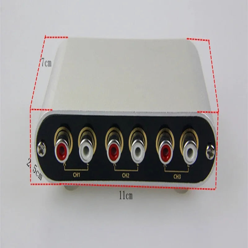 Silver audio source switch with infrared remote control, aluminium alloy shell, front panel buttons and indicator lights, US model