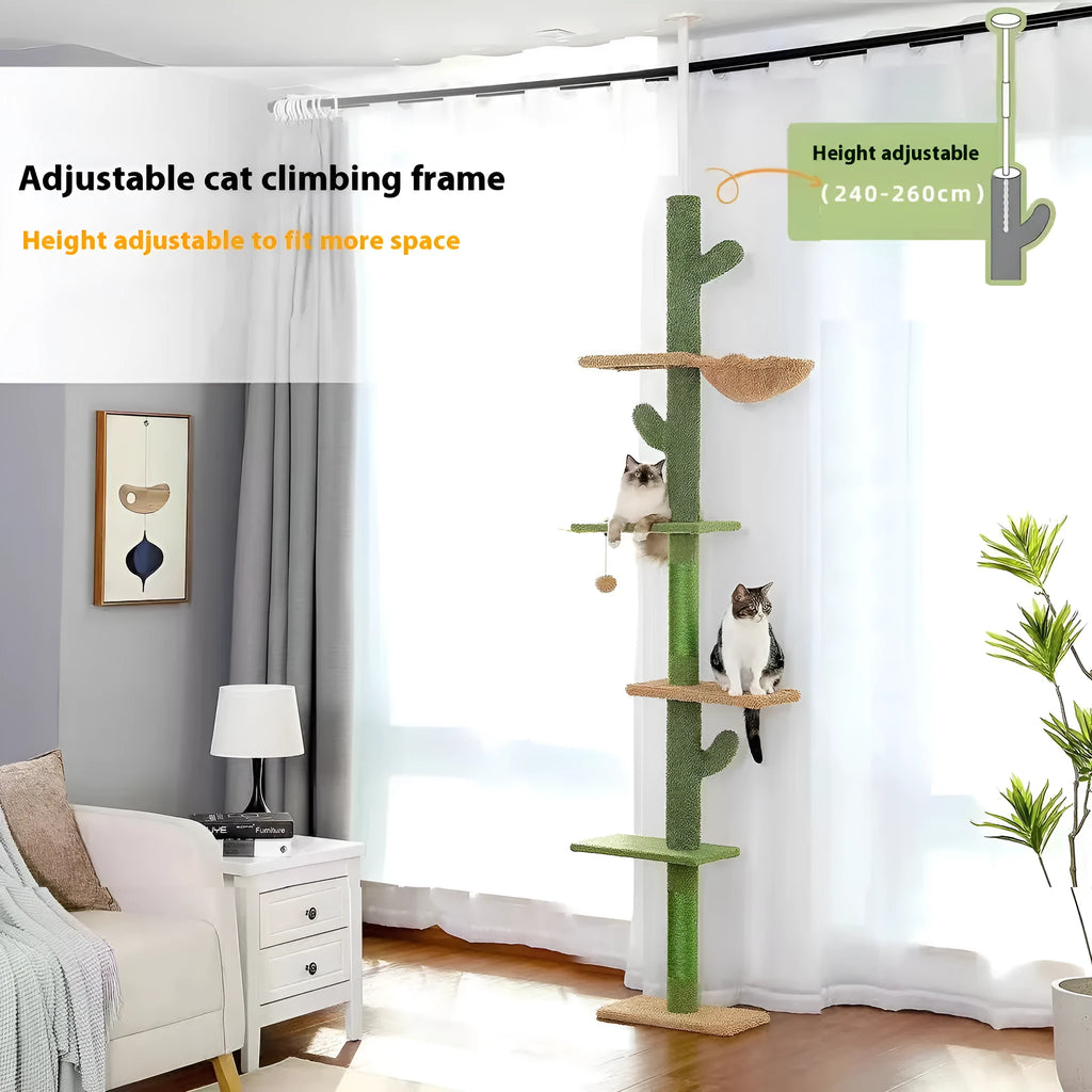 Tall solid wood cat climbing frame with integrated scratch board, cat toy, and elevated nest.