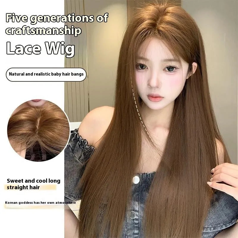 Warm brown long straight wig with centre-parted bangs and forehead lace, natural style