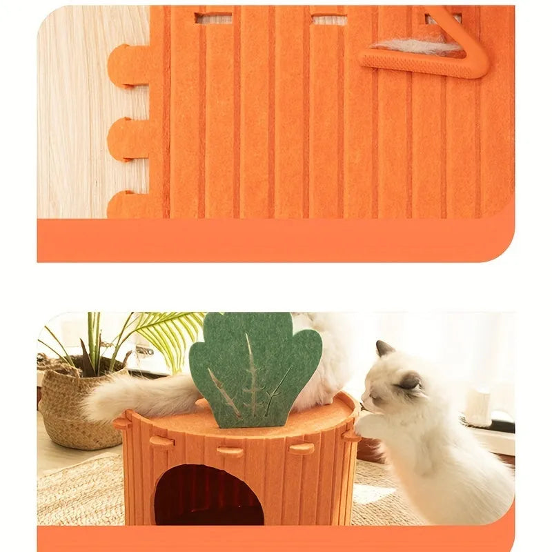 Grey felt cat tunnel leading into a semi-enclosed nest, shown in M and L sizes.