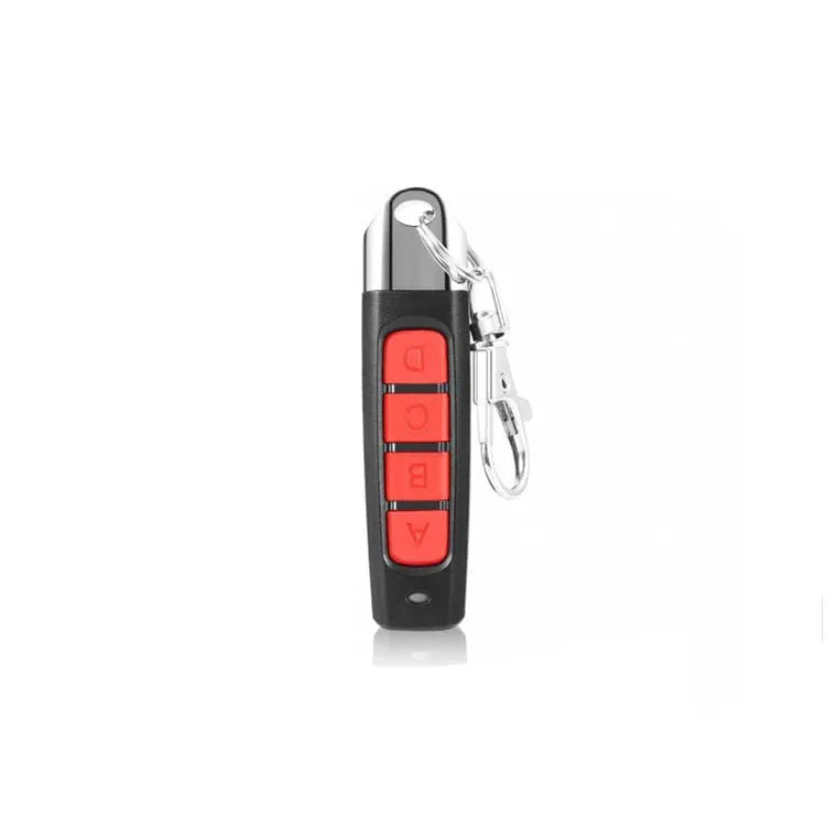 Rolling door remote control device showing four colour options: black, blue, grey, and red