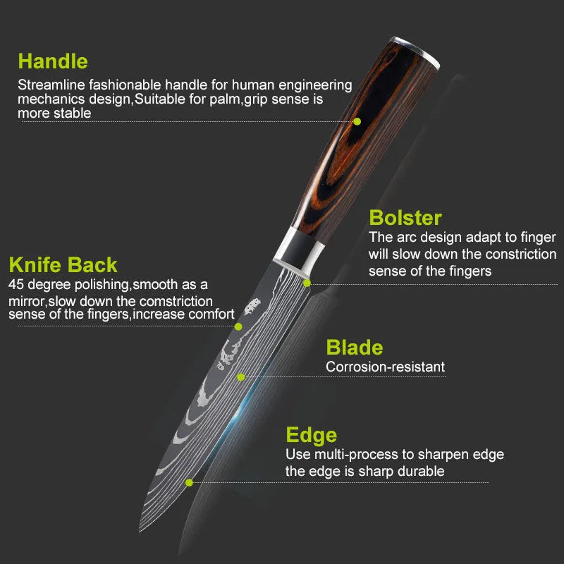 7CR17 stainless steel chef knife with laser Damascus pattern, 18cm blade and colour steel handle