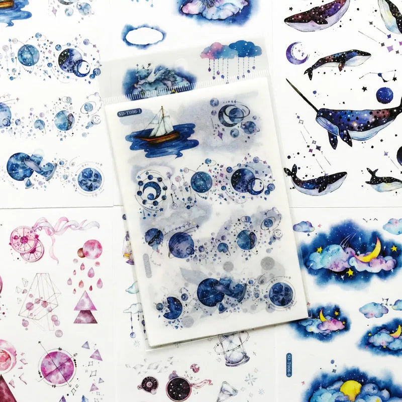 Fantasy Stars hand account and paper sticker set on Japanese paper, 10.5x14.1 cm, in paper bag packaging