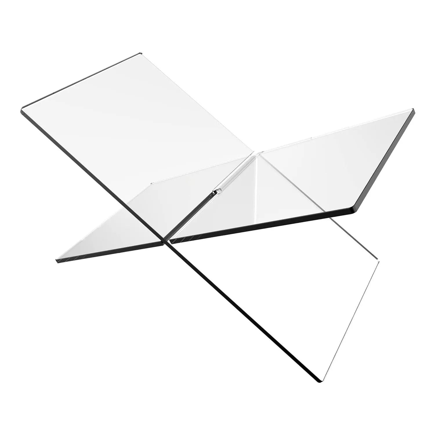 Clear acrylic X-shaped book reading rack displaying hardback books on a wooden desk