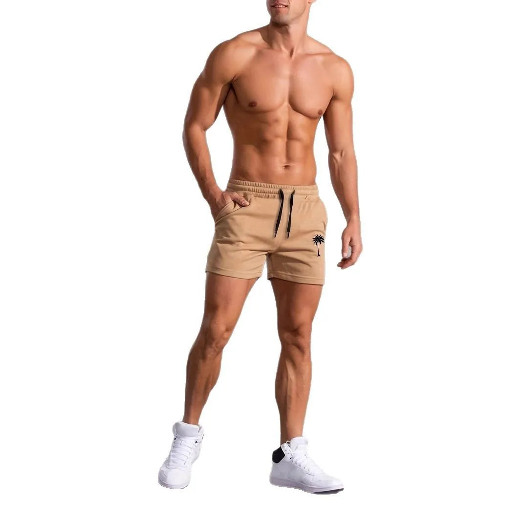 Men's khaki shorts with white coconut print pattern, straight leg style, micro-elastic polyester fabric for summer sports and beach wear