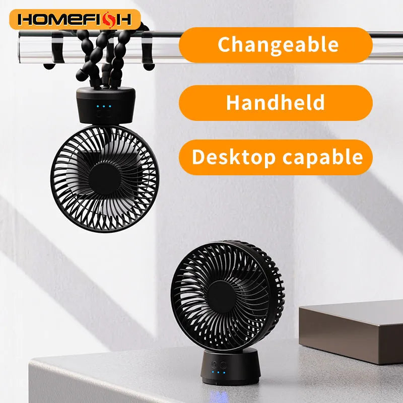 HOMEFISH F2 automatic shake head rechargeable fan with LED light and removable mounting bracket.
