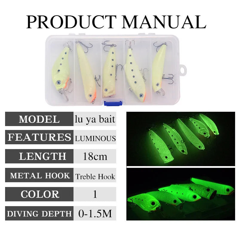 Five 3D fluorescent hard fishing baits with luminous simulation designs in a set