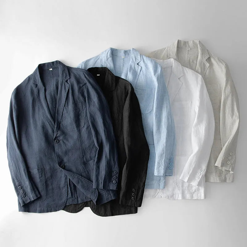 Men's casual linen suit jacket in loose fit with long sleeves, shown in solid colour options
