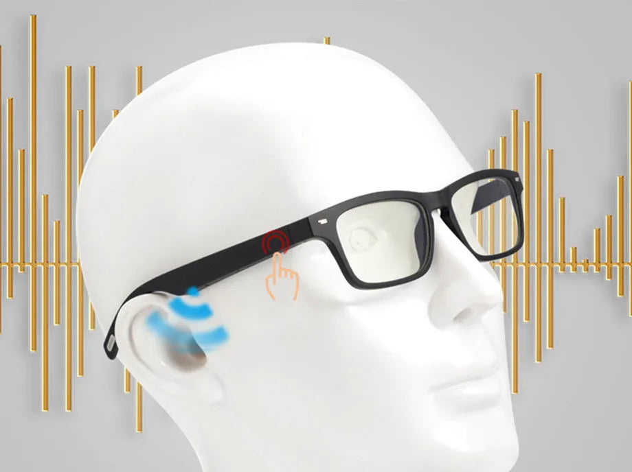 Smart glasses with semi-open ear speakers, polarised lenses, and a unisex PC+ABS frame.