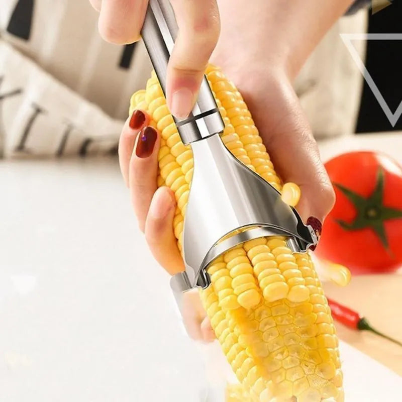 Stainless steel corn planer with 18 cm blade on a kitchen counter