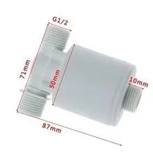 White nylon automatic float valve with threaded inlet for water level control in tanks and containers