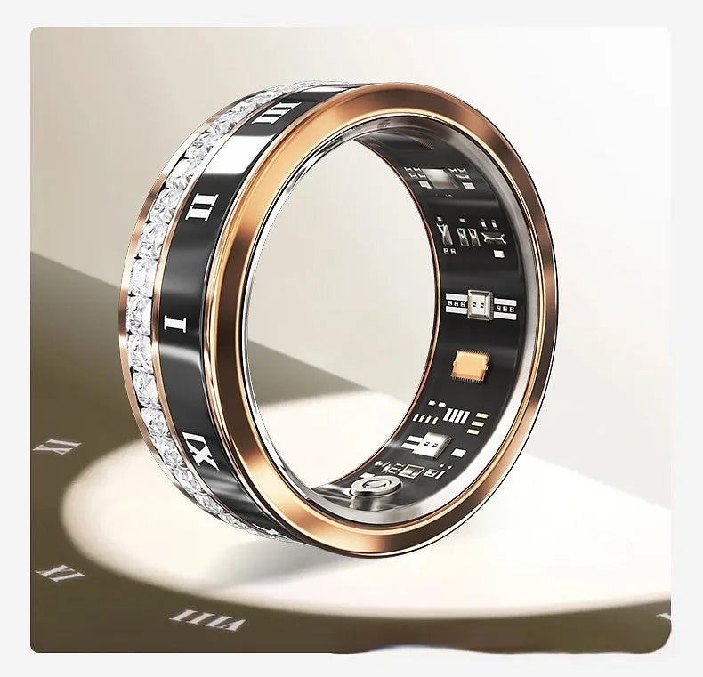 Silver and gold diamond inlaid smart ring for fitness tracking and blood oxygen monitoring.
