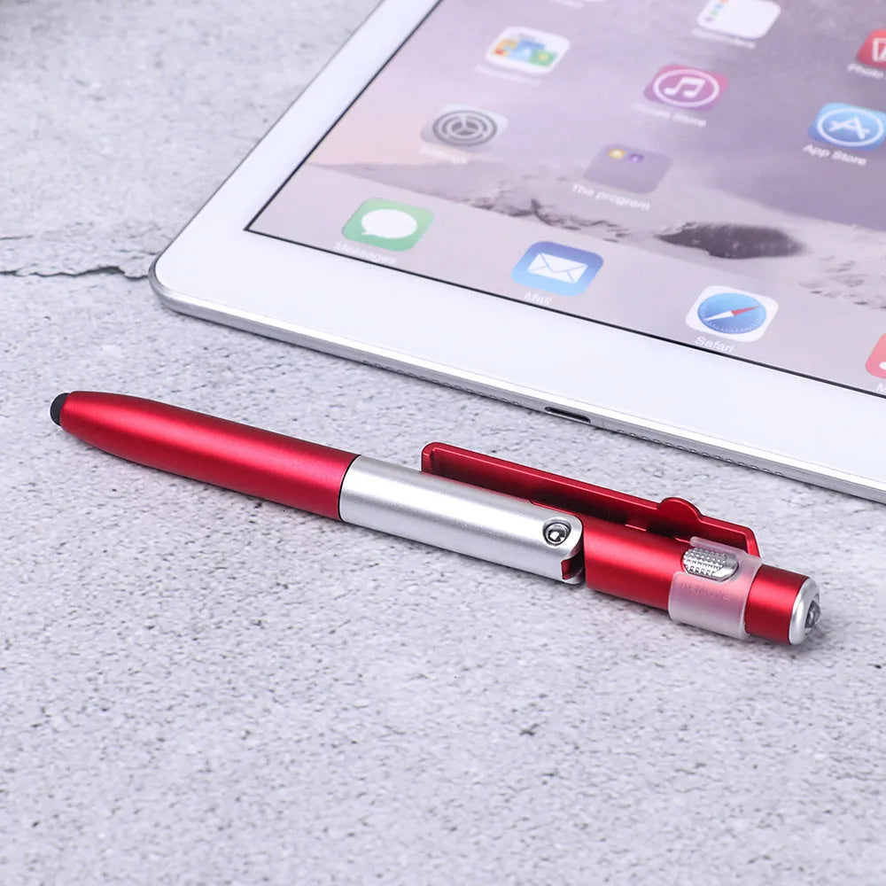 4-in-1 folding light pen mobile phone holder in black plastic, with pen tip and LED light visible