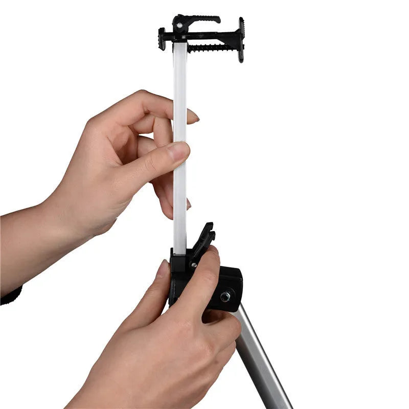 Silver adjustable aluminium alloy easel folded for transport with black carrying bag and shoulder strap