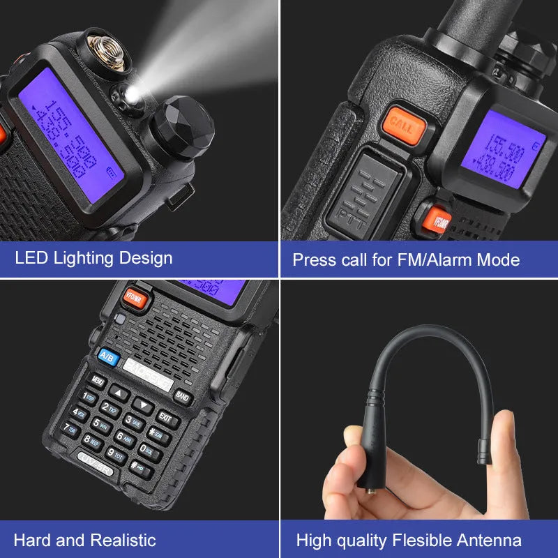 Black handheld dual-band two-way radio walkie talkie with antenna, LCD screen, and keypad.