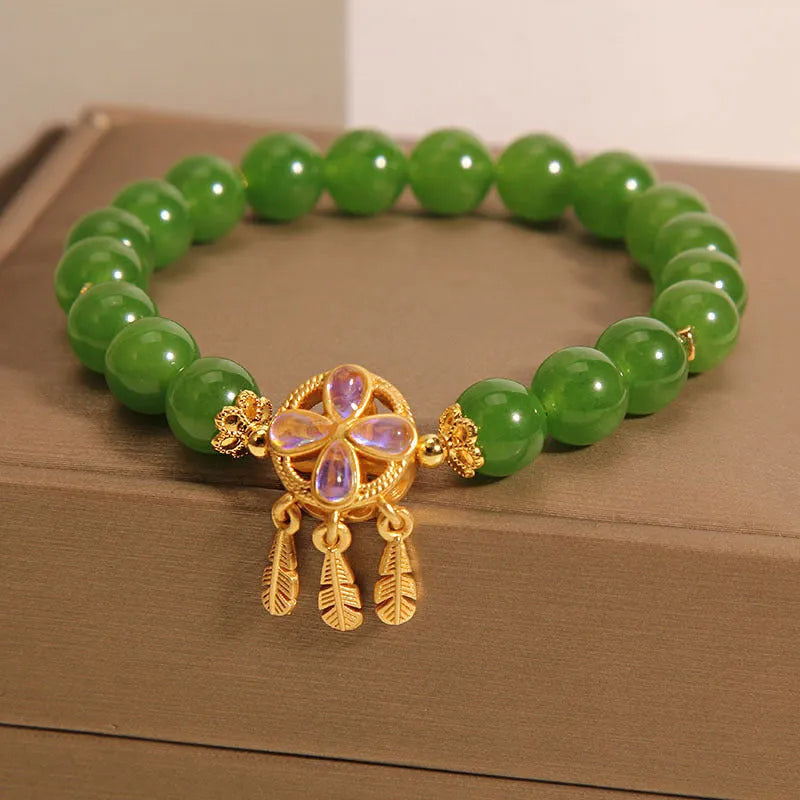 Women's green jasper bracelet with four-leaf clover and dream catcher crystal pendant