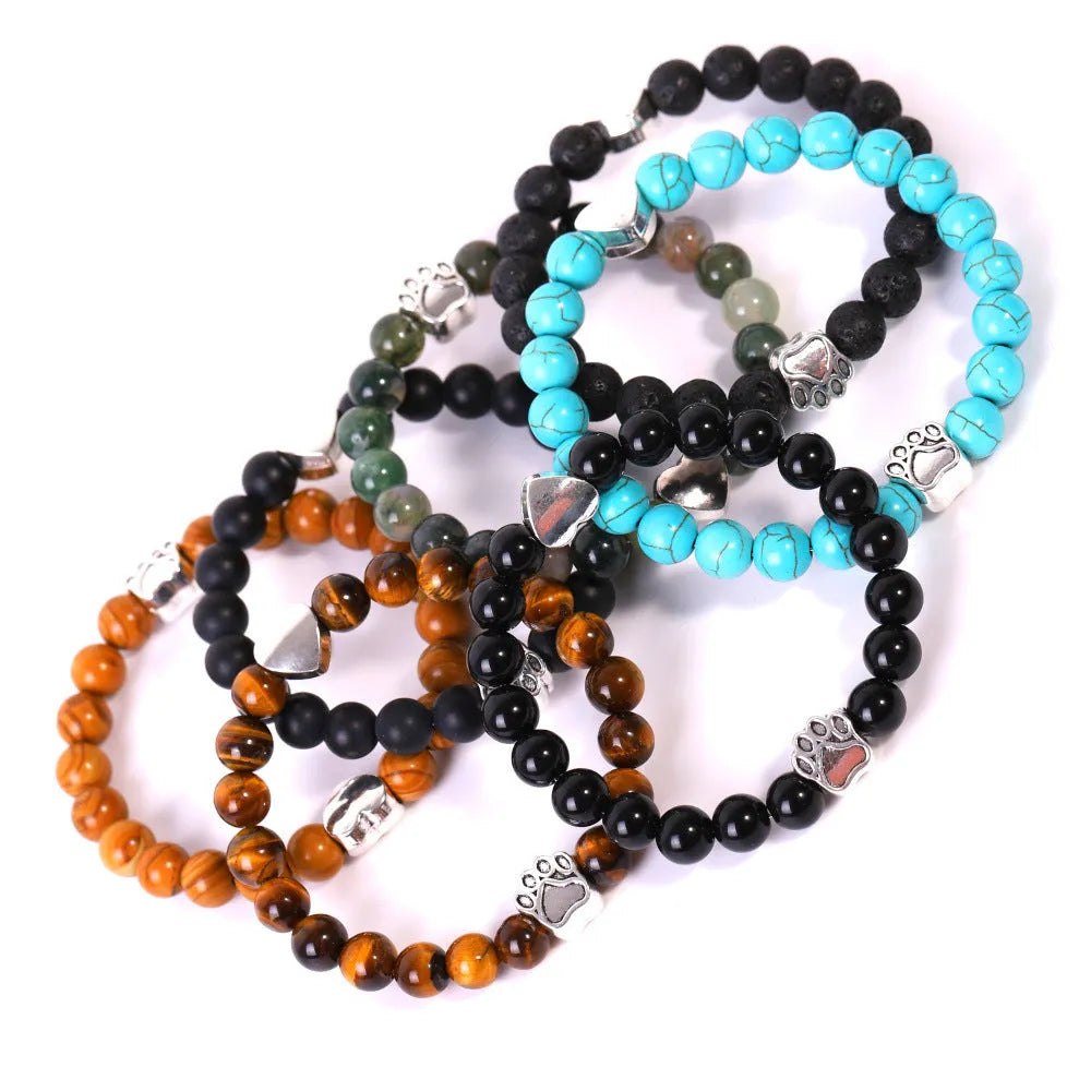 Indian agate stone bracelet with dog's paw and love heart geometric designs on wrist
