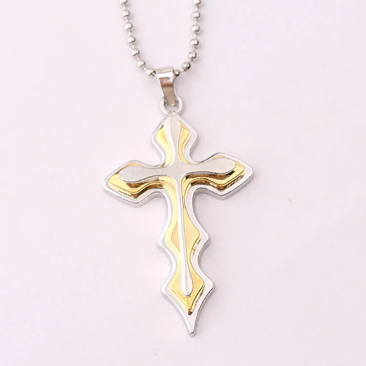 Men's three-tiered blue and black cross pendant necklace on 50cm round bead chain made of stainless steel titanium steel alloy