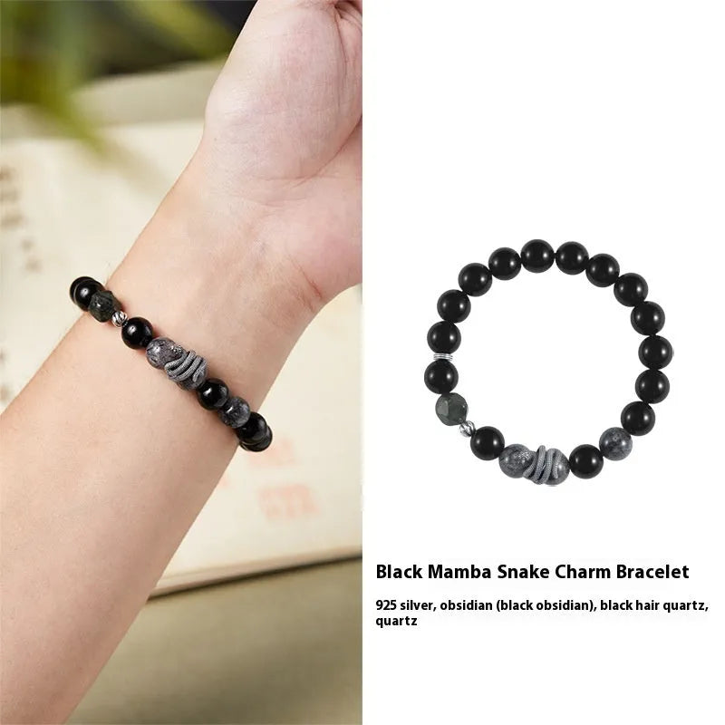Men's black obsidian snake bracelet in sterling silver with retro zodiac design