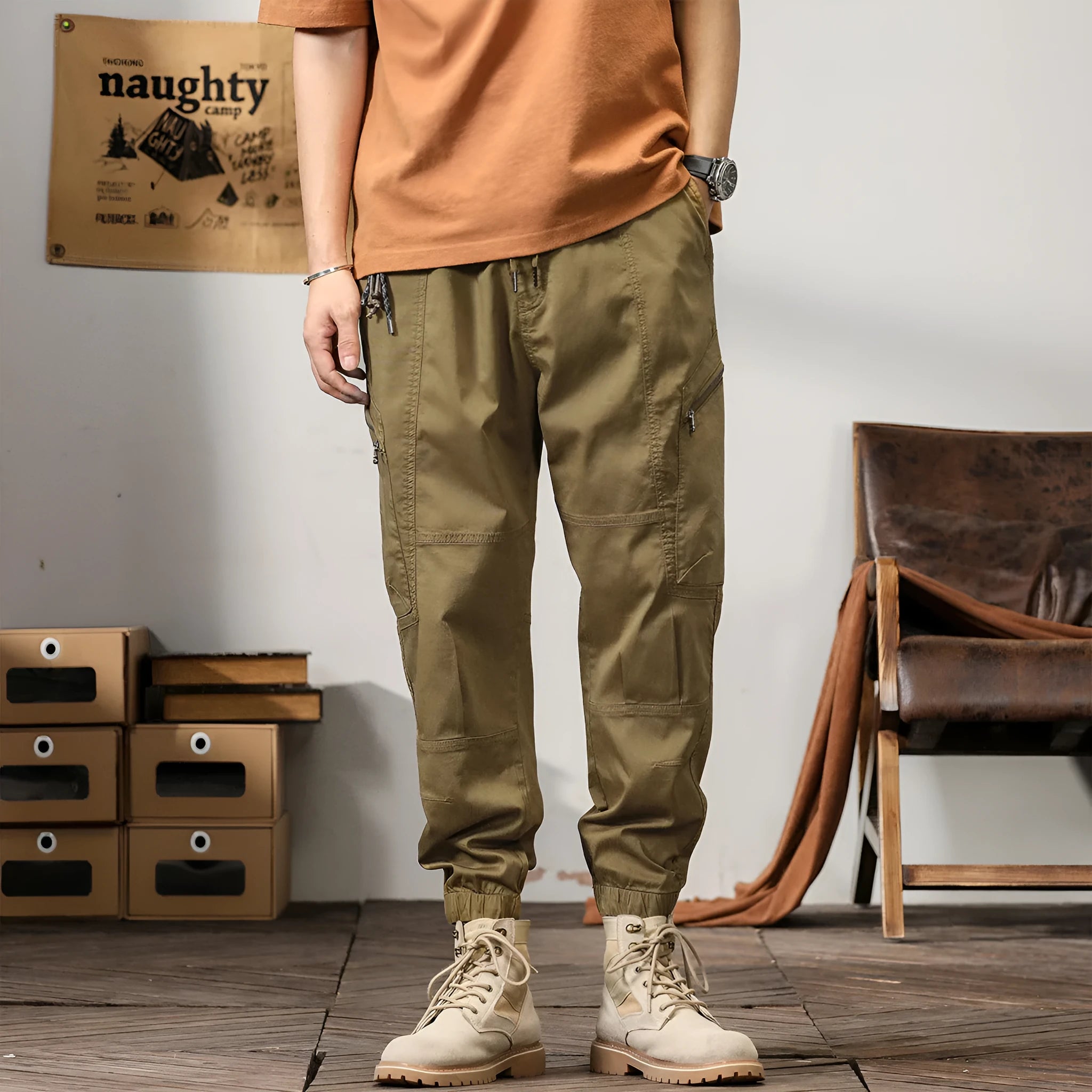 Men's tapered harem pants in cotton fabric with ankle banded legs and Hong Kong retro style