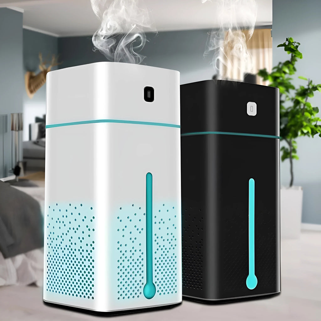 Black and white desktop humidifier with USB cable, showing compact 103x103x218mm size.