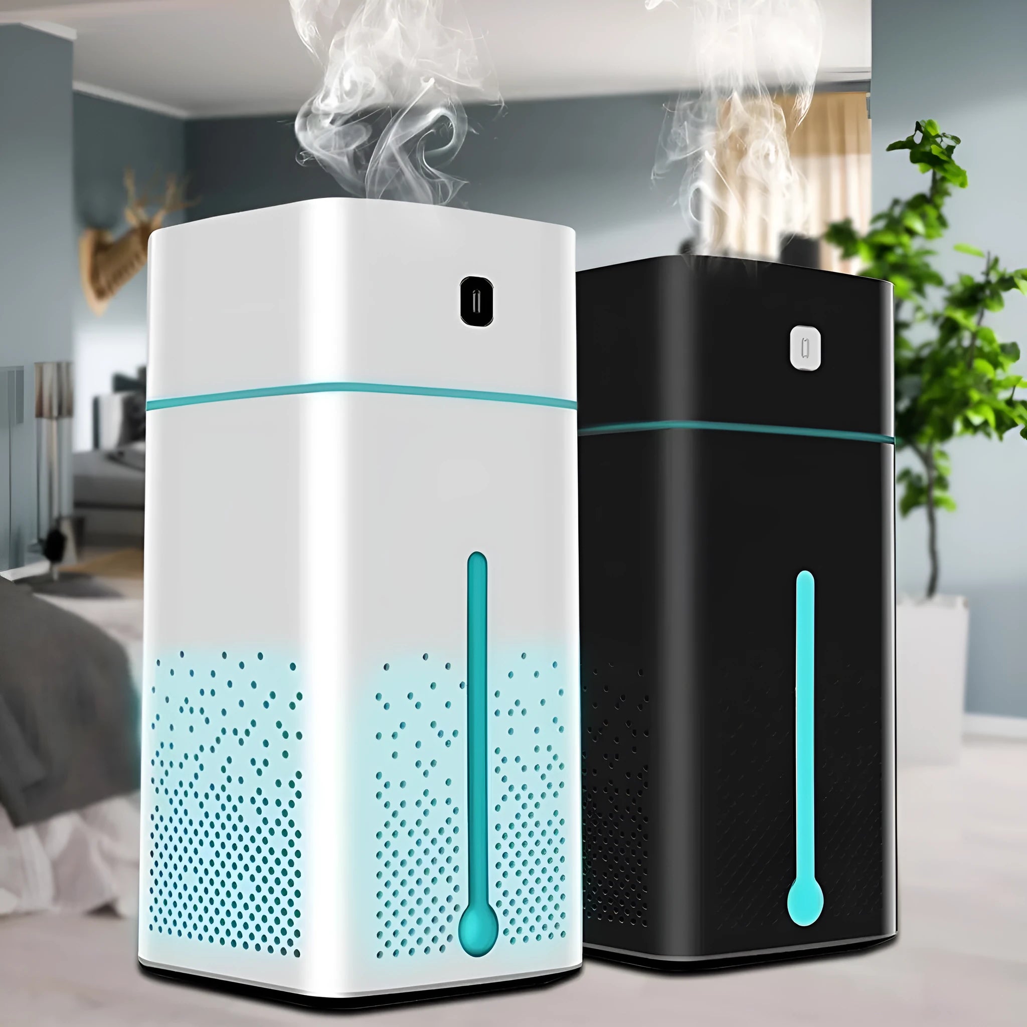 Black and white desktop humidifier with USB cable, showing compact 103x103x218mm size.