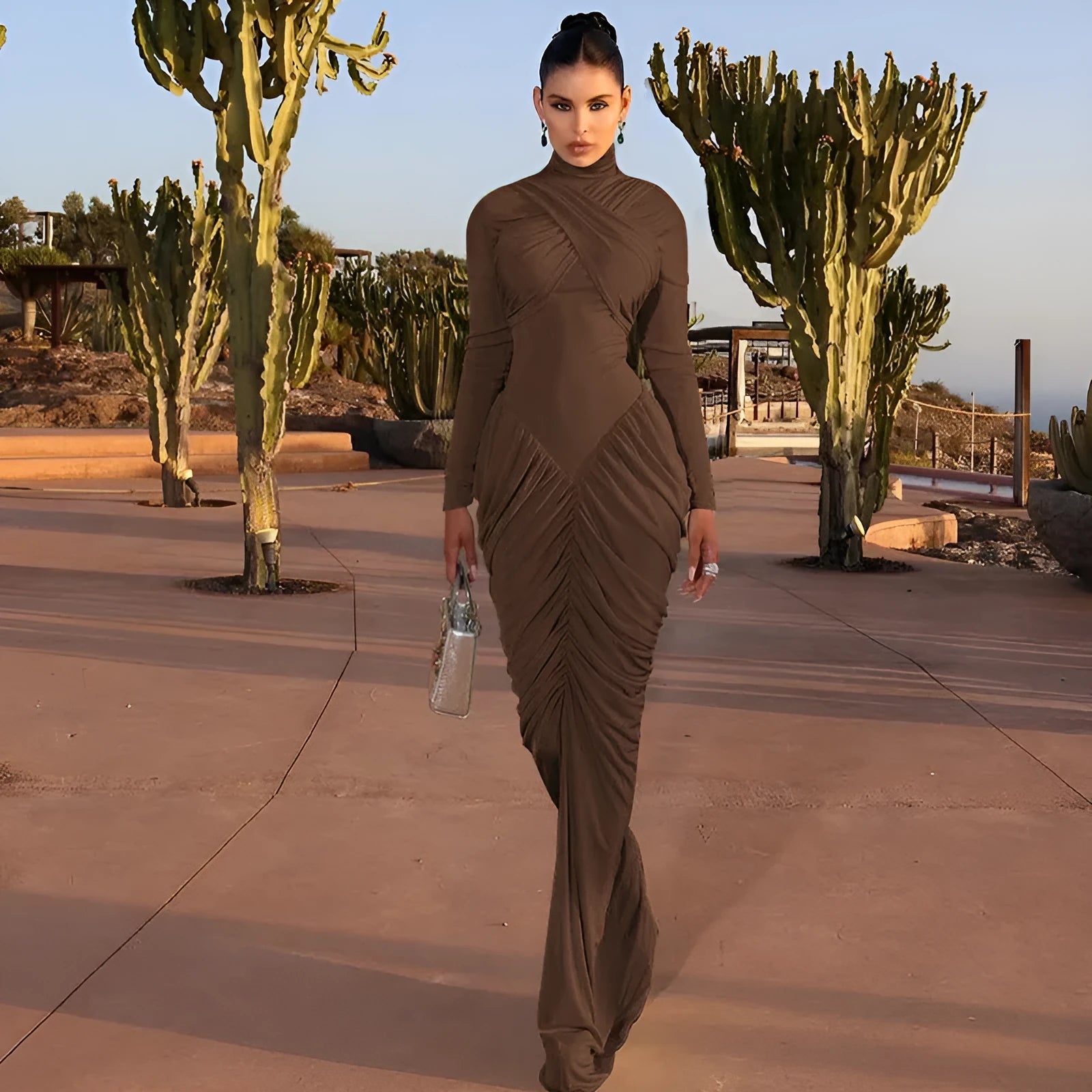 Women's solid colour high neck long sleeve ruffle back bodycon dress in brown pencil skirt style