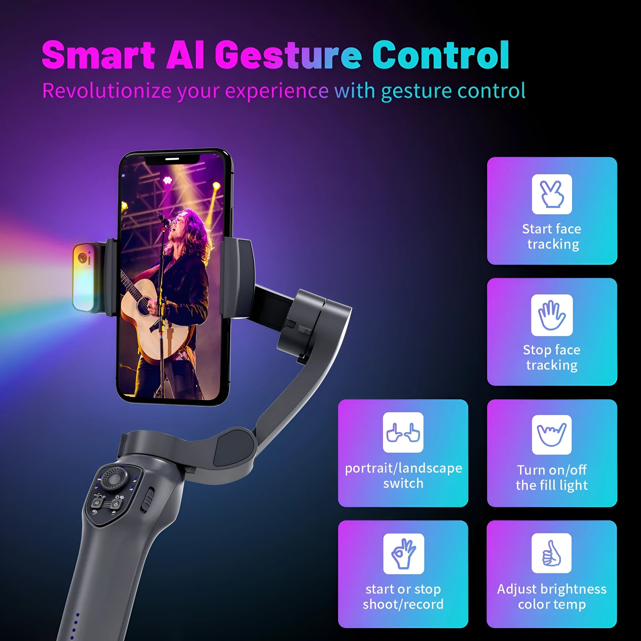 Foldable handheld smartphone stabilizer gimbal in gun colour with USB charging port