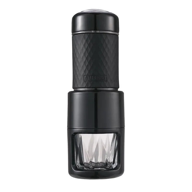 Portable manual espresso coffee machine in black, 7x7x20.3 cm, with hand-pressure lever and stainless steel build