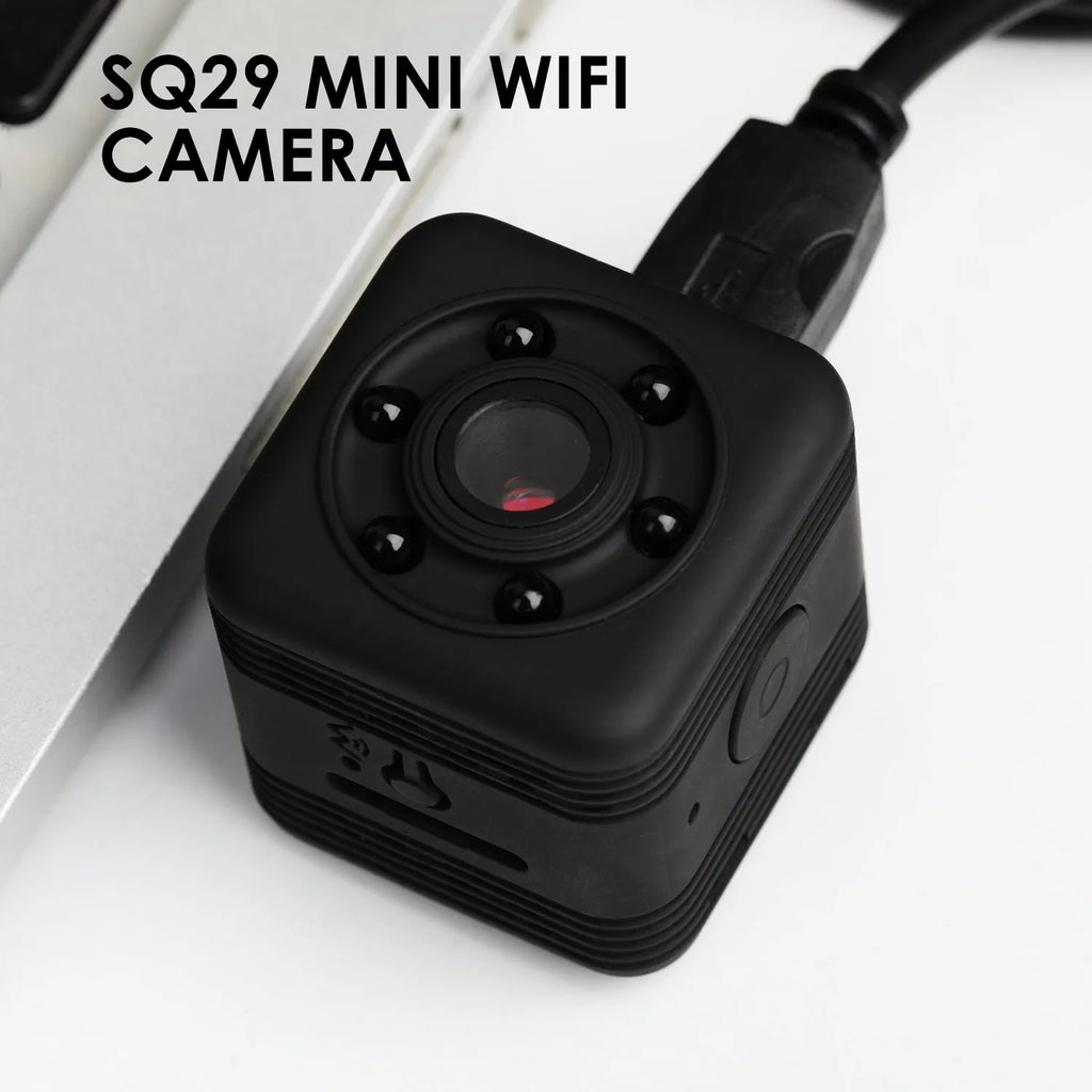 Black SQ29 waterproof sports camera showing its design, compatible with 32GB TF cards and offering 240 minutes of continuous recording.