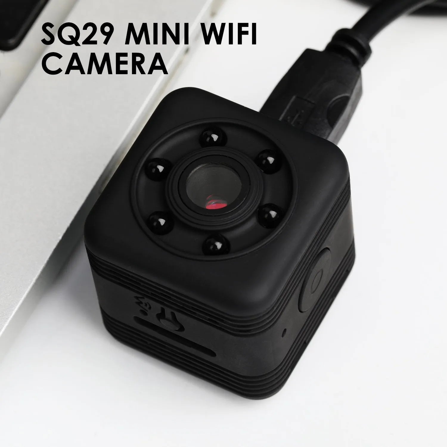 Black SQ29 waterproof sports camera showing its design, compatible with 32GB TF cards and offering 240 minutes of continuous recording.