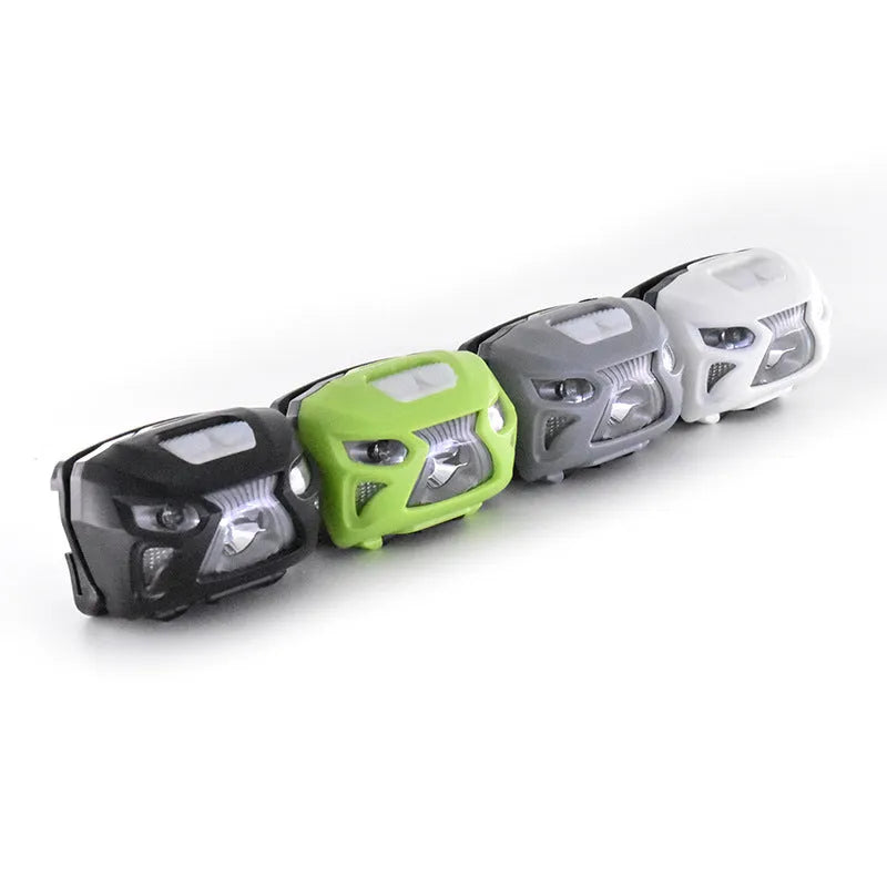 Head-mounted sensor headlight with webbing headband, LED light, and 50-metre beam distance
